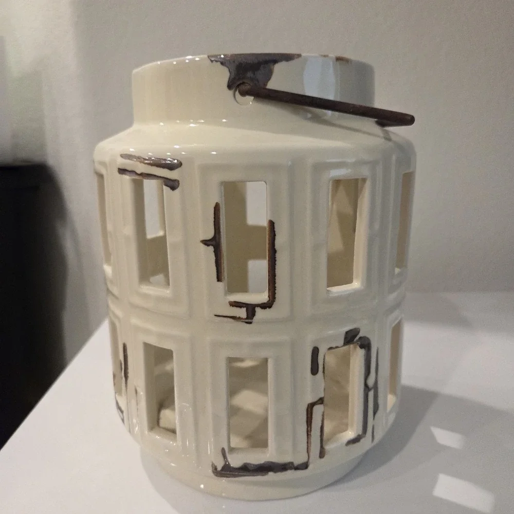 2 Ashland Spring Candle Collection White Ceramic Lanterns Rustic Farmhouse Set